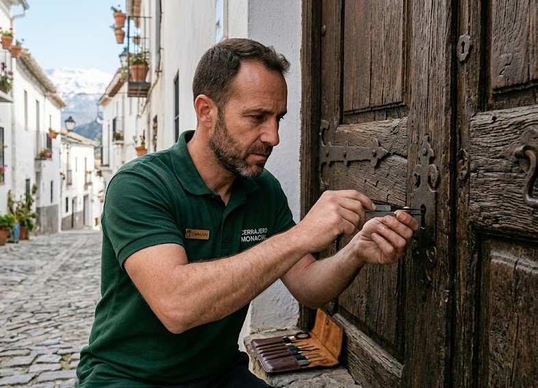 Cerrajero abriendo puerta en vivienda rural de Monachil