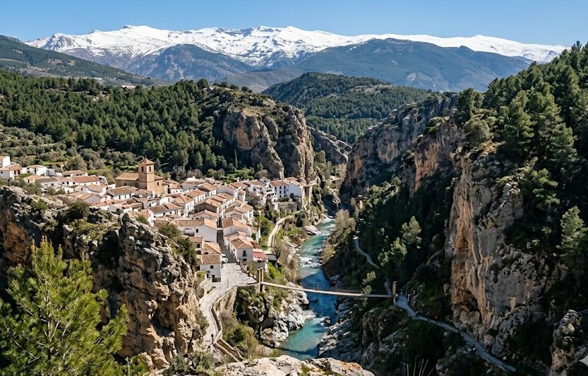 Paisaje del pueblo de Monachil, el río y la montaña